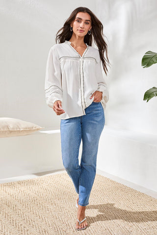 Eyelet Novelty Blouse With Delicate Button Details-Eggshell