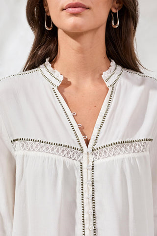 Eyelet Novelty Blouse With Delicate Button Details-Eggshell