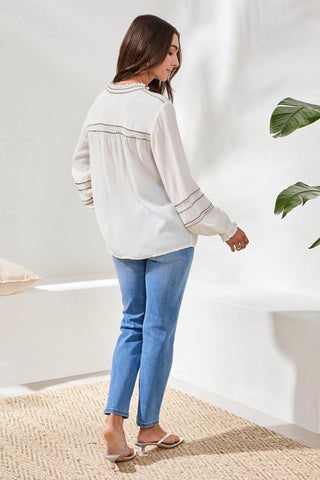 Eyelet Novelty Blouse With Delicate Button Details-Eggshell