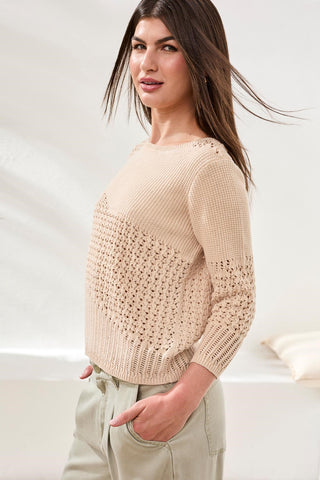 Novelty Crochet 3/4 Sleeve Knit Sweater-Cococream
