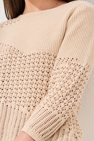 Novelty Crochet 3/4 Sleeve Knit Sweater-Cococream