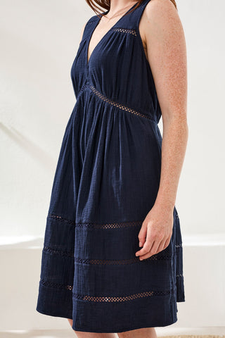 Cotton Eyelette V-Neck Empire Waist Mini Dress-Abyss