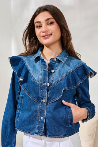 Fashion Denim Jacket With Ruffle Detail-Dk pacific