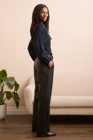 Faux Leather Straight Leg Trousers-Black