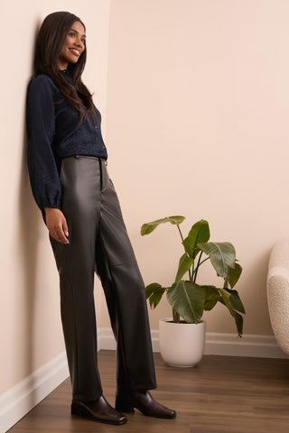 Faux Leather Straight Leg Trousers-Black