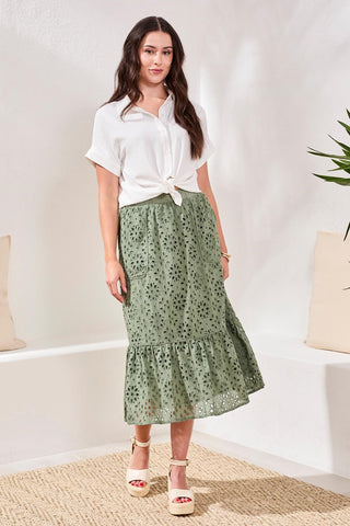 Floral Embroidered Tiered Boho Maxi Skirt -Moss