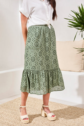 Floral Embroidered Tiered Boho Maxi Skirt -Moss