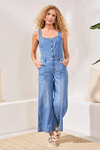 Flowy Denim Wide Leg Jumpsuit With Shirred Elastic Back-Amalficoast