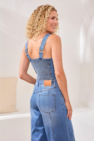 Flowy Denim Wide Leg Jumpsuit With Shirred Elastic Back-Amalficoast