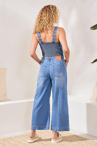 Flowy Denim Wide Leg Jumpsuit With Shirred Elastic Back-Amalficoast