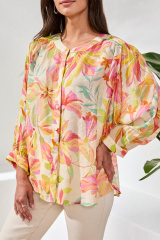 Flowy Dolman Sleeve Blouse With Self-Covering Buttons-Rosesilk
