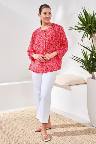 Flowy Dolman Sleeve Blouse With Self-Covering Buttons-Rouge