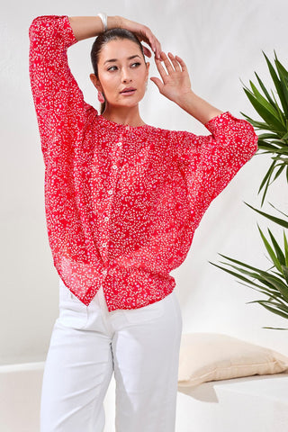 Flowy Dolman Sleeve Blouse With Self-Covering Buttons-Rouge
