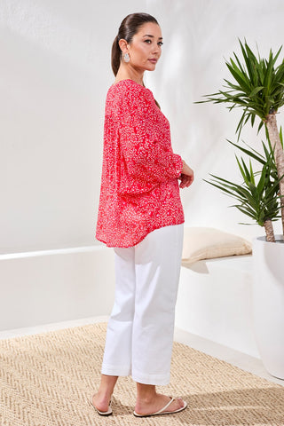 Flowy Dolman Sleeve Blouse With Self-Covering Buttons-Rouge