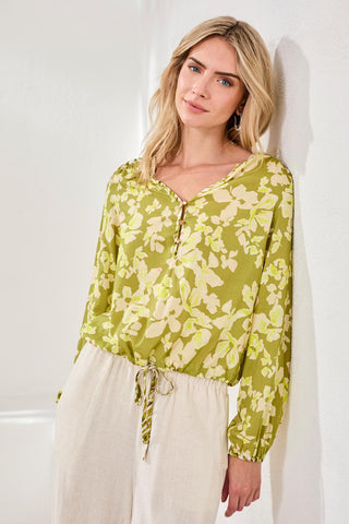 Novelty Long Sleeve Blouse With Drawstring Hem-Kiwizest