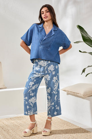 Flowy Popover Denim Shirt With Short Sleeves-Fjordblue