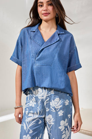 Flowy Popover Denim Shirt With Short Sleeves-Fjordblue