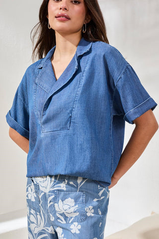 Flowy Popover Denim Shirt With Short Sleeves-Fjordblue