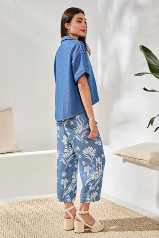 Flowy Popover Denim Shirt With Short Sleeves-Fjordblue