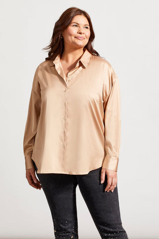 FLOWY SATIN BUTTON-UP SHIRT-Beige