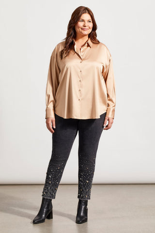 FLOWY SATIN BUTTON-UP SHIRT-Beige