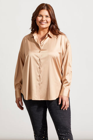 FLOWY SATIN BUTTON-UP SHIRT-Beige