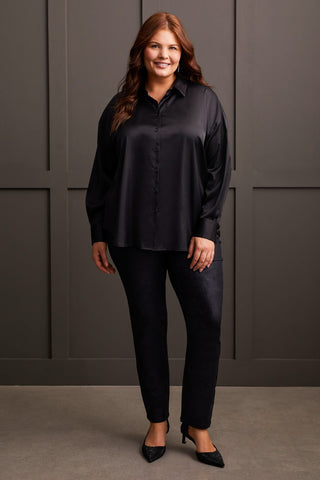 FLOWY SATIN BUTTON-UP SHIRT-Black