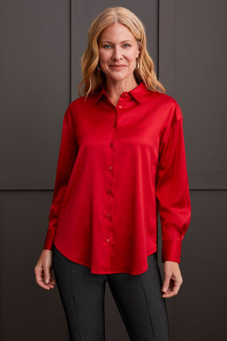 alt view 1 - FLOWY SATIN BUTTON-UP SHIRT-Scarlet