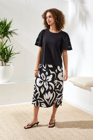 Flutter Sleeve Crew Neck Top-Black