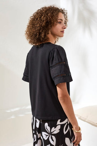 Flutter Sleeve Crew Neck Top-Black