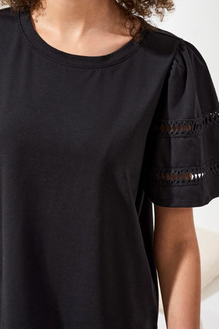 Flutter Sleeve Crew Neck Top-Black
