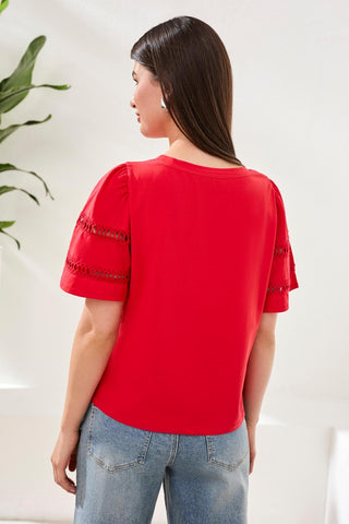 Flutter Sleeve Crew Neck Top-Sangria