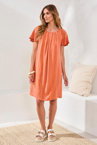 Textured Linen Lace-Up Back Flutter-Sleeve Mini Dress-Guavablush