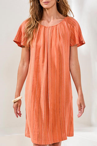 Textured Linen Lace-Up Back Flutter-Sleeve Mini Dress-Guavablush