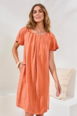 Textured Linen Lace-Up Back Flutter-Sleeve Mini Dress-Guavablush