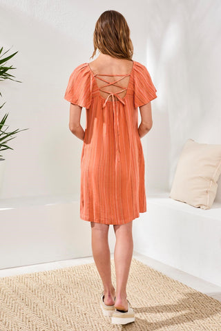 Textured Linen Lace-Up Back Flutter-Sleeve Mini Dress-Guavablush