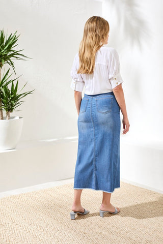 Full Length Slit-Accent Denim Skirt-Fjordblue
