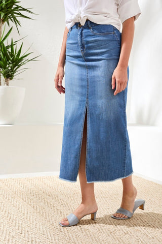 Full Length Slit-Accent Denim Skirt-Fjordblue