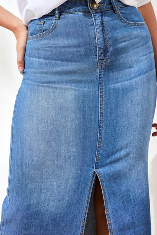 Full Length Slit-Accent Denim Skirt-Fjordblue