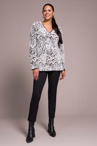 Fuzzy Animal Print Long-Sleeve V-Neck Sweater-Moonstone
