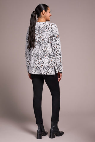 Fuzzy Animal Print Long-Sleeve V-Neck Sweater-Moonstone