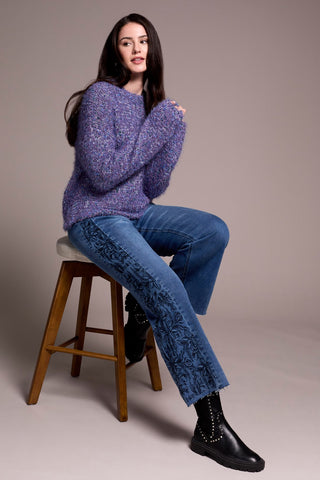 Fuzzy Eyelash Drop Shoudler Puff Sleeve Sweater-M blueviolet