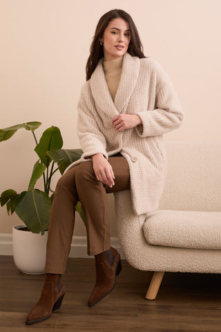 Fuzzy Houndstooth Button-Front Shawl Knit Coat-Sandstone