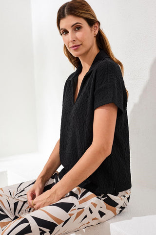Textured Johnny Collar Short Sleeve Top-Black