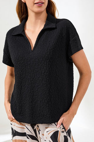 Textured Johnny Collar Short Sleeve Top-Black