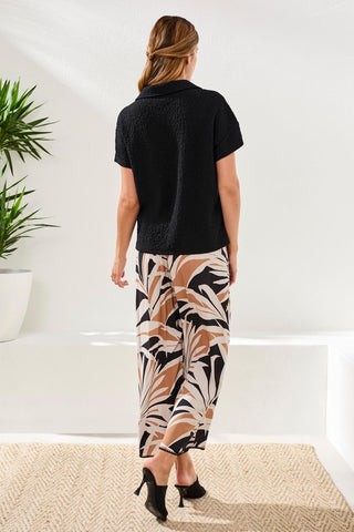 Textured Johnny Collar Short Sleeve Top-Black