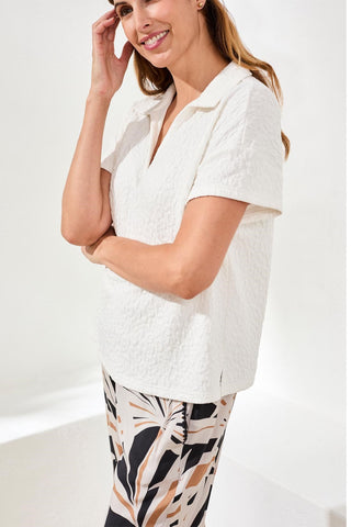 Textured Johnny Collar Short Sleeve Top-White