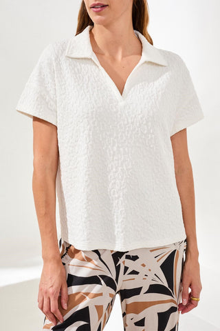 Textured Johnny Collar Short Sleeve Top-White
