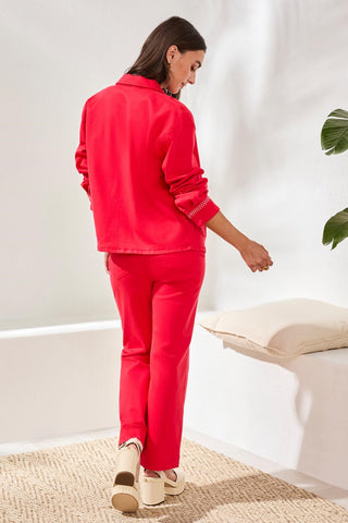 Hidden Snap Front Stretch Denim Jacket-Sangria