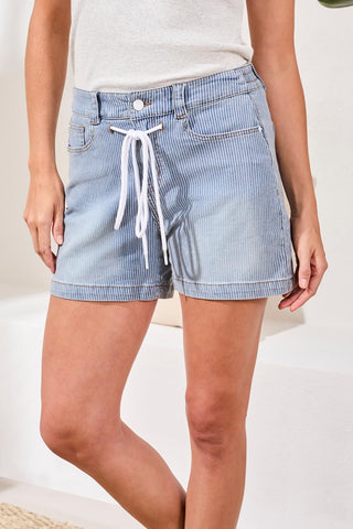 Audrey Wide Leg Striped Denim Shorts With Drawcord-Seaport